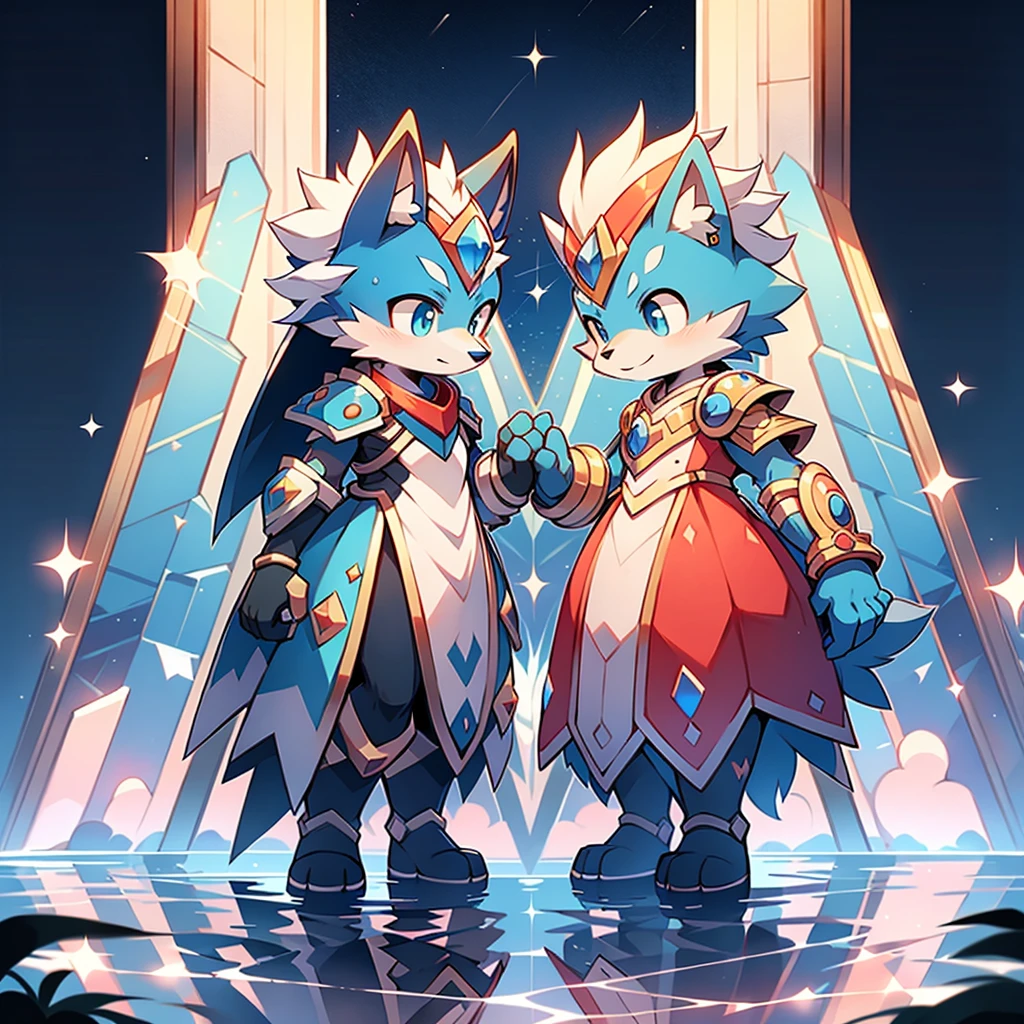 An anime full-body view of an alluring Wolf Goddess Reploid, inspired by Megaman X, stands confidently by a tranquil lake under a moonlit night. Her advanced wolf armor, intricately detailed with vibrant sapphire blue and fiery red hues, reflects the soft moonlight, shimmering with a ethereal glow. The sleek silhouette of her armor contrasts beautifully with her longer than usual flowing white mane, adding to her otherworldly and enchanting charm. Her piercing, crystal blue eyes gleam with an inner strength and wisdom, while her fierce red accents add a bold and powerful appearance. The serene lake mirrors the reflection of her