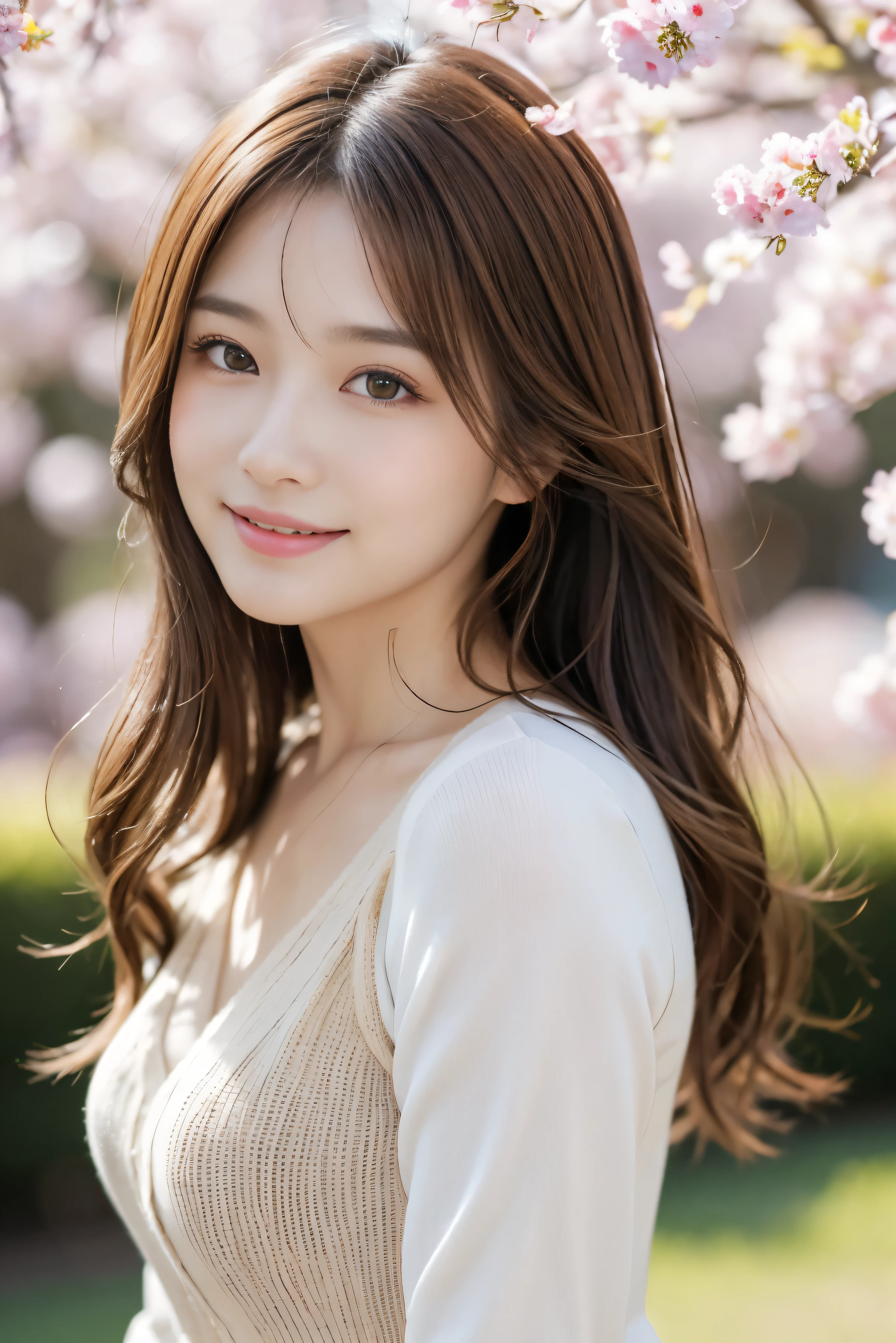 masutepiece, Best Quality, Illustration, Ultra-detailed, finely detail, hight resolution, 8K Wallpaper, Perfect dynamic composition, Beautiful detailed eyes, Women's Fashion Autumn,Medium wavy hair,small tits、Natural Color Lip, Bold sexy poses,Smile,Harajuku、20 years girl、Cute、Sexy shot looking at camera,Under the cherry tree、