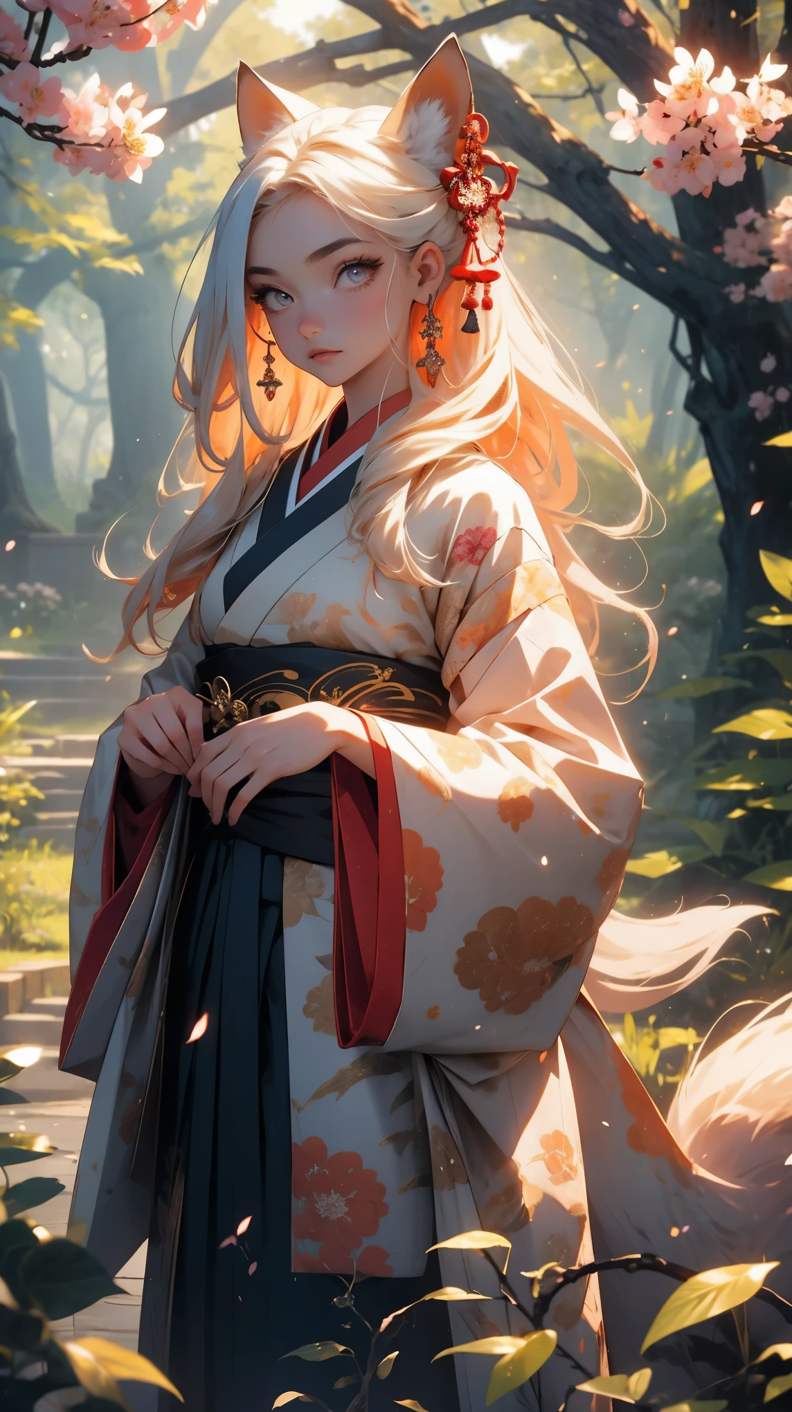 A girl with a beautiful face, expressive eyes, and full lips, representing the mythical creature known as the nine-tailed fox in Japanese culture. Her eyes are detailed and captivating. She has long, flowing hair with vibrant colors, resembling the fur of a fox. The girl is dressed in a traditional kimono, intricately designed with patterns and motifs inspired by nature. The medium used to depict this artwork is a mixture of traditional Japanese ink painting and digital illustration. The combination creates a unique blend of traditional and modern elements, enhancing the mystique and allure of the nine-tailed fox. In the background, there is a serene garden with cherry blossom trees, symbolizing beauty and transience. The garden is filled with vibrant colors, ranging from soft pastels to vivid hues, creating a dreamlike atmosphere. The sunlight filters through the trees, casting a gentle glow upon the girl and her surroundings. The image quality should be of the highest standard, with extreme attention to detail and clarity. It should exhibit photorealistic qualities, almost resembling a photograph. The colors should be vivid and vibrant, evoking a sense of wonder and enchantment. This artwork is characterized by its incorporation of an anime-style, capturing the essence of Japanese culture and aesthetics. The artist aims to convey the grace, elegance, and mysterious allure associated with the nine-tailed fox in Japanese folklore. The overall color tone should be warm and inviting, with a slight emphasis on earthy tones and shades of red and orange, reminiscent of autumn. The lighting should be carefully considered, with soft and diffused light illuminating the main character, creating a sense of depth and dimension. In summary, the Stable Diffusion prompt for this artwork should include the following tags: female character, nine-tailed fox, beautiful detailed eyes, beautiful detailed lips, long flowing hair, vibrant colors, traditional kimono, ink painting,