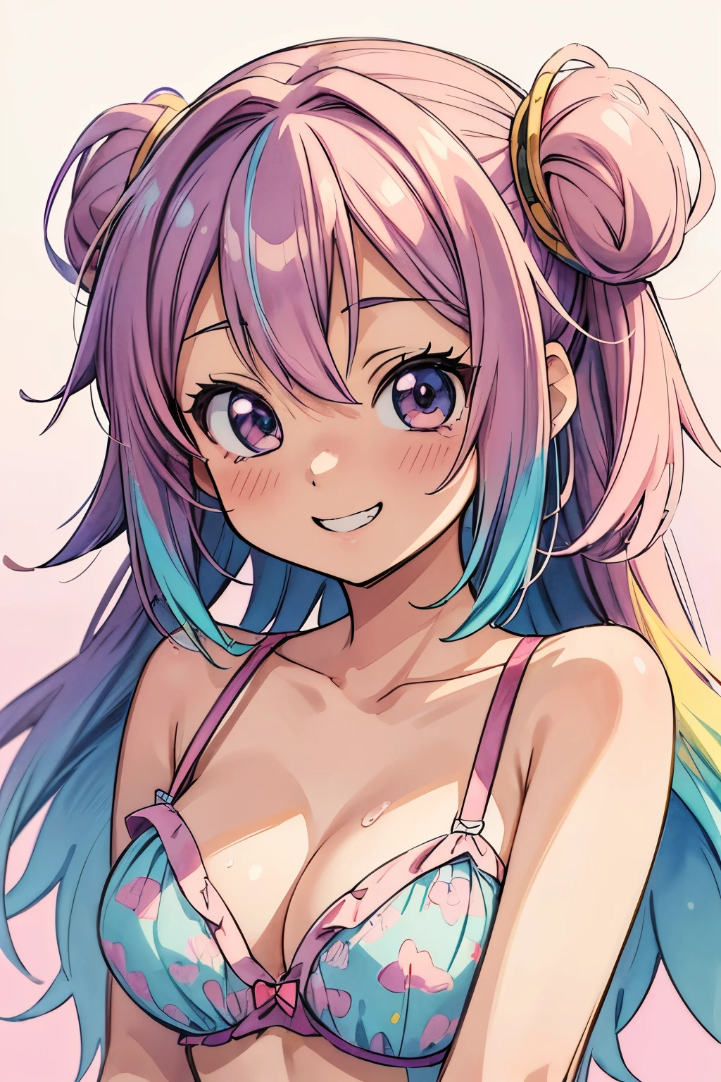 ((Masterpiece)), (Anime:1.5), ((best quality)), (RAW photo:1.2), (High Definition:1.3), (Professional Photography:1.2), 1 girl, solo, grin, cute girl with multicolor hair and close up,multicolor lingerie,multicolor background, breasts, 🌈, kawaiitech, pastel colors, kawaii, cute colors, close up, Watercolor style, watercolor pencil, paper texture, 