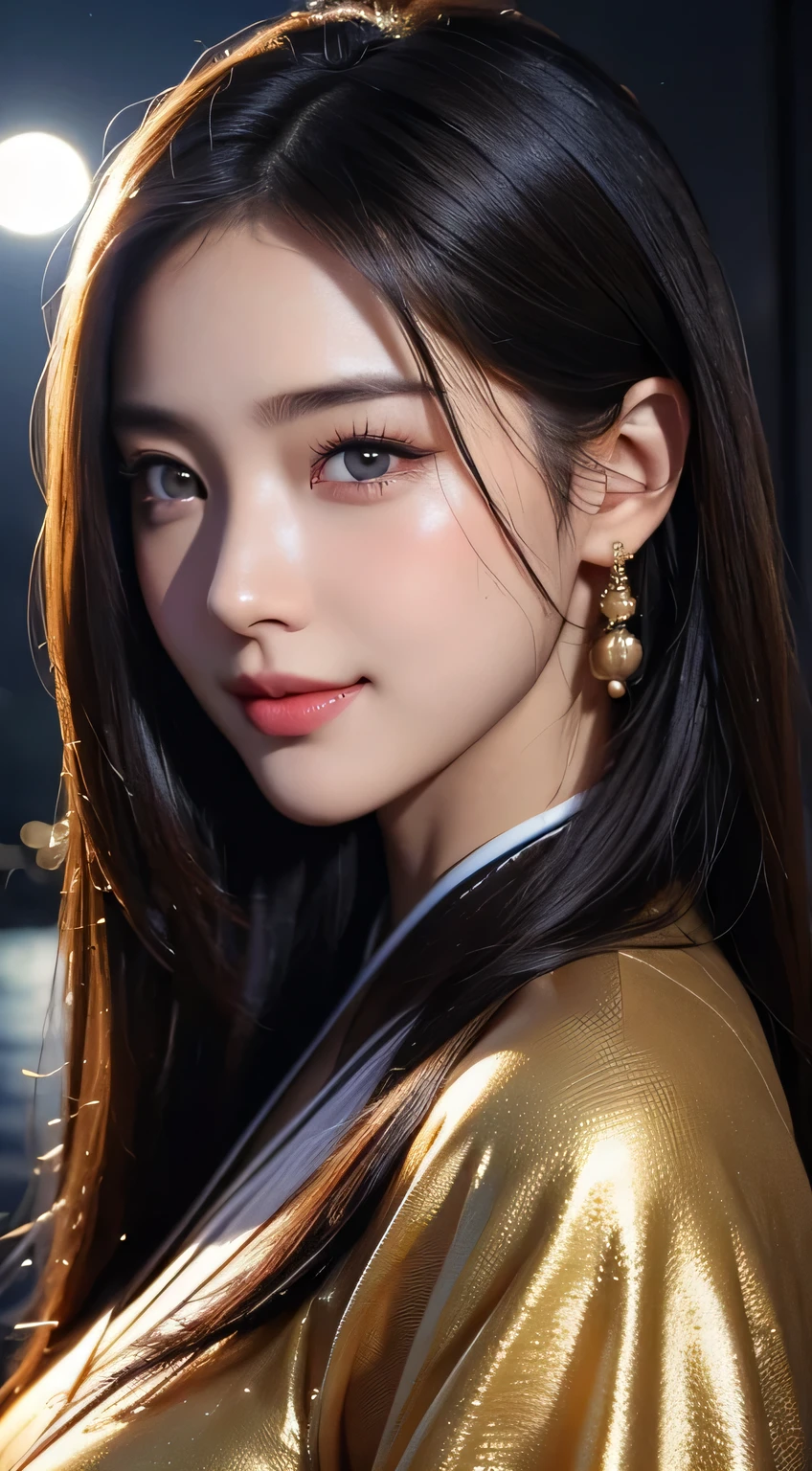 Beautiful woman in kimono，body portrait、8k，fine and beautiful eyes，Dindal effect、masterpiece, 最high quality, high quality, High resolution、very detailed photos、(natural skin texture、fine skin、hyper realism、Super sharpness)、high detail skin、(very detailed、fine skin texture、intricate details、beautiful face、(lifelike face)、realistic eyes、beautiful and detailed eyes、real looking skin、beautiful skin、surreal、very detailed、golden ratio、with smiling eyes、((night moonlight background))、body portrait、G cup、big breasts,glamorous,shiny bodysuit