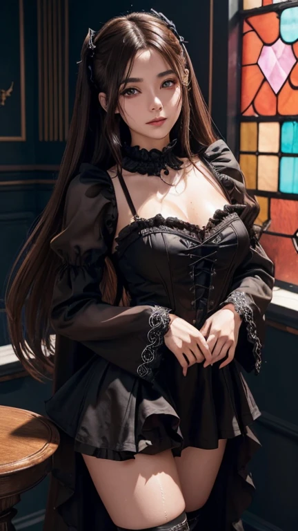 (Latina woman:1.6)、Hard Dark Gothic Makeup、deep night sky、Horror、Black dark eyeshadow、cry、sad、Good skin radiance、Dark Gothicメイク、Dark smile、palace、The beauty of fragrance、24-years-old、Expression of intense sexual pleasure、Embarrassed look、Dark Gothic、Obscene language、highest quality、View 5 books、Expression of sexual pleasure in suffering、Drunk face、紫のMaid clotheysterious、Noble、A face that is holding back the toilet、sexy、Loving smile、Twin tail hair、jet black ruffle skirt、Right blue eye, Left eye is red、Super bewitching pose、Platform Heel Shoes、Heavy makeup、Gothic Lolita Clothing、A little slimmer、(Brown Hair:1.4)、Long Hair Straight Hair、Cute Gothic Lolita Dress、Beautiful Face、elegant features、Fascinating face、Knee-high socks、Stained glass background、Chest glistening with sweat、The room is dark、goth long dress、Bell Sleeves、Wizard Sleeve、decadent look、Sexually excited expression、Gothic Mode、Glossy thighs wet with water、Thighs that are wet and shiny with oil、Background of a room full of roses、sad expression、Rose Maiden、The embroidery is pink、The dress has pink embroidery、Thigh-high socks、Knee-high socks、Gentle expression、masturbation behavior、Dark black eyeshadow、despicable act、Stained glass and rose background、Wearing black underwear、Black panties、thighs are a little thin、Female Duo、female couple、I have lesbian friends、hug a girl、A blue lightning bolt glows in his right hand.、Blue electromagnetic waves shine in my hands.、dark church background、Stained glass、black metal world、Dark Castle、Dark Room、Slender body、upright、walk、Are standing、gothic long dresaid clothes、Victorian dresses、Her thighs glisten with sweat、My body is wet and shiny、Lots of glitter on the thighs、sweating、My thighs are sticky from sweating、Sweat glistens on the thighs, The whole body is sweaty and shiny、pretty sweaty、My thighs are sweaty、My thighs are so wet、My thighs are shining with sweat、A lot of sweat glistens all over the body、The thighs are the best、