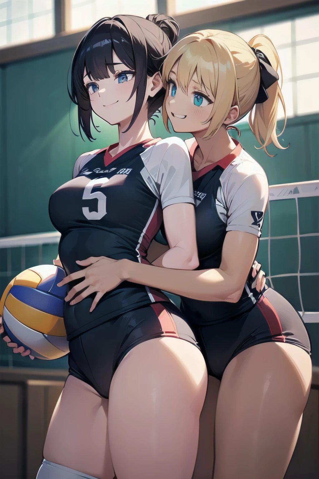 unity 8k wallpaper, anatomically correct, (((masterpiece))), (((best quality))), (((ultra detailed))), (((high-resolution))), ((super fine illustration)), ((Ultimate cutie)), detailed beautiful face, shiny hair, 18 years old, ((potbelly)), (curvy), medium breasts, ((Thick thighs)), sleeveless volleyball uniform, ((buruma)), ((knee pad)), (elbow pad), ((hold volleyball)), ((hold a 6-inch volleyball)), cowboy shot, in volleyball court, in school gymnasium,
BREAK, (Yuri), 2girls_A_and_B, A girl_have_{{blond ponytail}}_{hair bow}_{{happy}}_{smile},
BREAK, B girl_have_{black short hair}_ {hair bow}_{{{smirk}}}