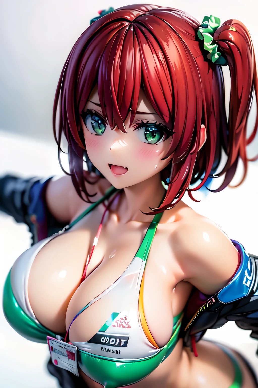 best quality, masterpiece, extremely detailed CG, official art , professional lighting, (sakimiyairuka), one side up, green scrunchie, hair ornament, red hair, green eyes, perfect face, gleaming skin, groin, (sweat), (Race Queen), Standing, hand on hip, circuit