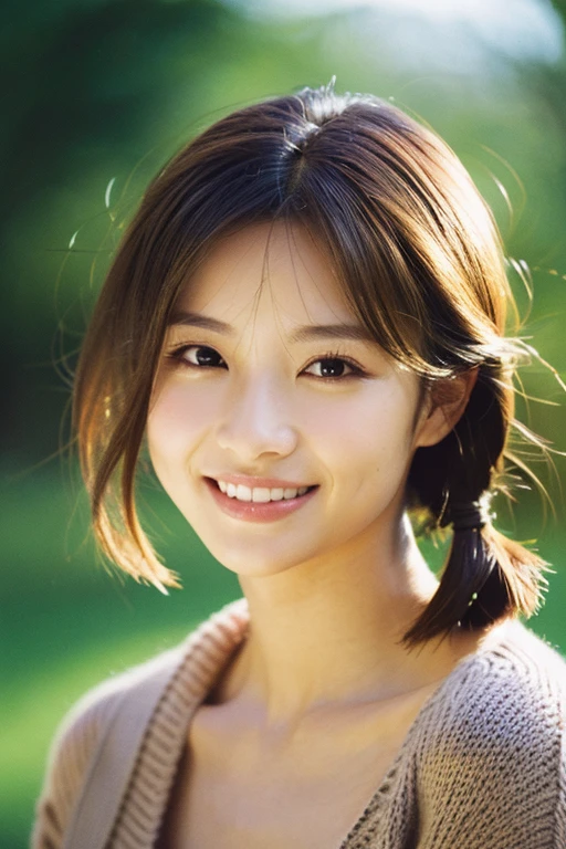 (masterpiece:1.3), (8k, Photorealistic, Raw photo, Best image quality: 1.4), Japanese 、(Random Hairstyles:1.2)、Cleavage:1.2、Super detailed face、Attention to detail、double eyelid、Put your chest together、Sharp focus:1.2、Beautiful woman:1.4、Light brown hair、highest quality、masterpiece、超A high resolution、(Photorealistic:1.4)、非常に詳細でプロフェッショナルな照明のsmile、Loose, lightweight knitwear、thin、smile、Short-haired、Deadly position、The atmosphere of film photography