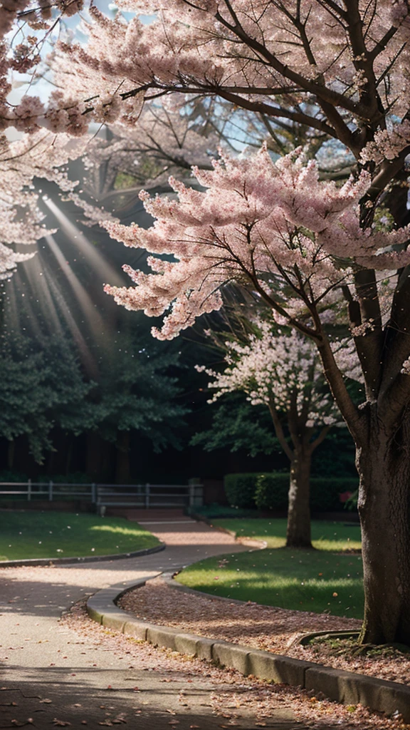 Create an outstanding scene of rays of lighting in a cherry blossom trees, hyper realistic texture.