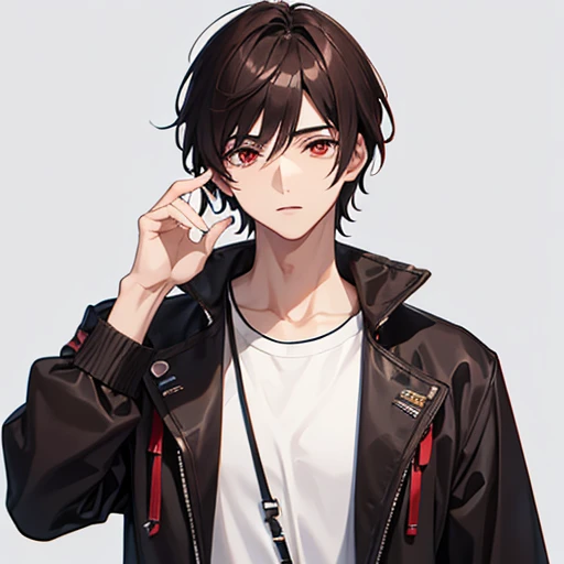 Personaje de anime masculino, who is around 19 years old, piel Palida
Cabello: Dark brown and medium short And red eyes, con colmillos 
