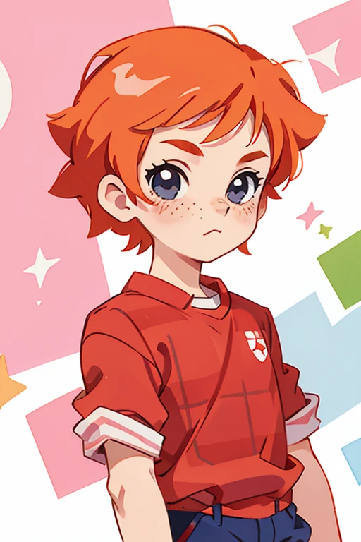 cute 12-years-old ginger irish kid boy, freckles, red plaid shirt, athletic physique, strong body, shoujo anime art style, shoujo manga art style