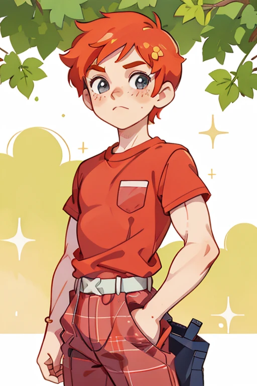 cute 12-years-old ginger irish kid boy, freckles, red plaid shirt, athletic physique, strong body, shoujo anime art style, shoujo manga art style