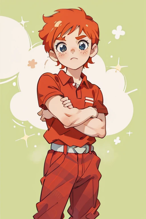 cute 12-years-old ginger irish kid boy, freckles, red plaid shirt, athletic physique, strong body, shoujo anime art style, shoujo manga art style