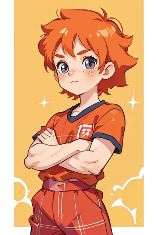 cute 12-years-old ginger irish kid boy, freckles, red plaid shirt, athletic physique, strong body, shoujo anime art style, shoujo manga art style