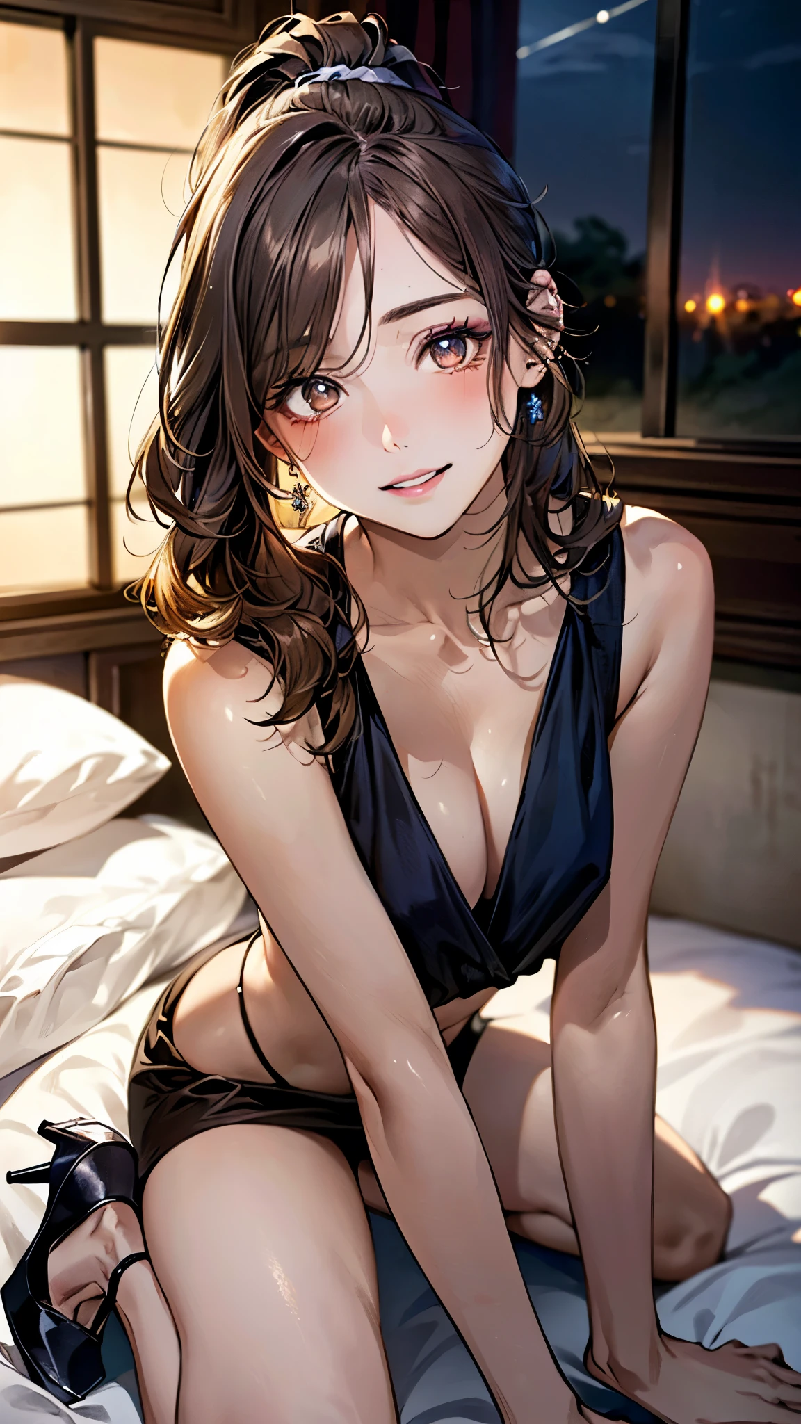 (masterpiece:1.3, top-quality, ultra high resolution, ultra detailed), (realistic, photorealistic:1.4), beautiful illustration, perfect lighting, natural lighting, depth of fields, portrait,
beautiful detailed hair, beautiful detailed face, beautiful detailed eyes, beautiful clavicle, beautiful body, beautiful chest, beautiful thigh, beautiful legs, beautiful hands,
looking at viewer, 1 girl, , (perfect anatomy, anatomically correct), cute and symmetrical face, babyface, pet face, perfect eyes, shiny skin,
(long hair, ponytail:1,2, wavy hair, light brown hair), parted bangs, navy eyes, long eye lasher, (medium breasts, juicy thighs, attractive thighs),
((detailed cloth texture, prostitute:1.4, sexy costume, high heels)), seductive makeup,
(beautiful scenery), night, (bedroom:1.4), flexible body, sexual poses, graceful operation, relaxed atmosphere, (seductive smile, upper eyes, parted lips),