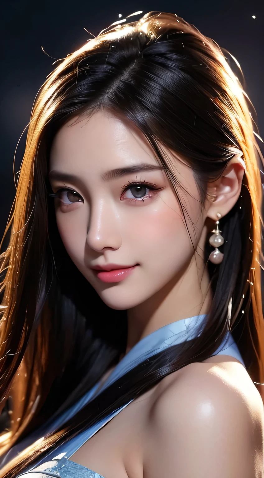 Beautiful woman in kimono,body portrait、8k,fine and beautiful eyes,Dindal effect、masterpiece, 最high quality, high quality, High resolution、very detailed photos、(natural skin texture、fine skin、hyper realism、Super sharpness)、high detail skin、(very detailed、fine skin texture、intricate details、beautiful face、(lifelike face)、realistic eyes、beautiful and detailed eyes、real looking skin、beautiful skin、surreal、very detailed、golden ratio、with smiling eyes、((night moonlight background))、body portrait、G cup、big breasts,glamorous,shiny bodysuit