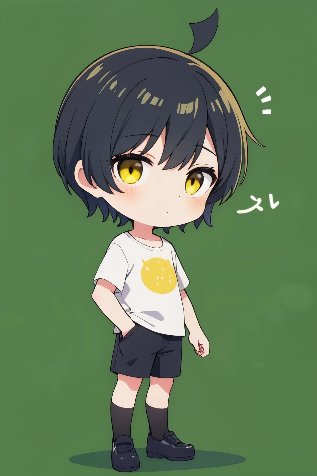 1boy,whitet-shirt,chibi,full body, green background, yellow and black hair, yellow eye, short hair, face forward