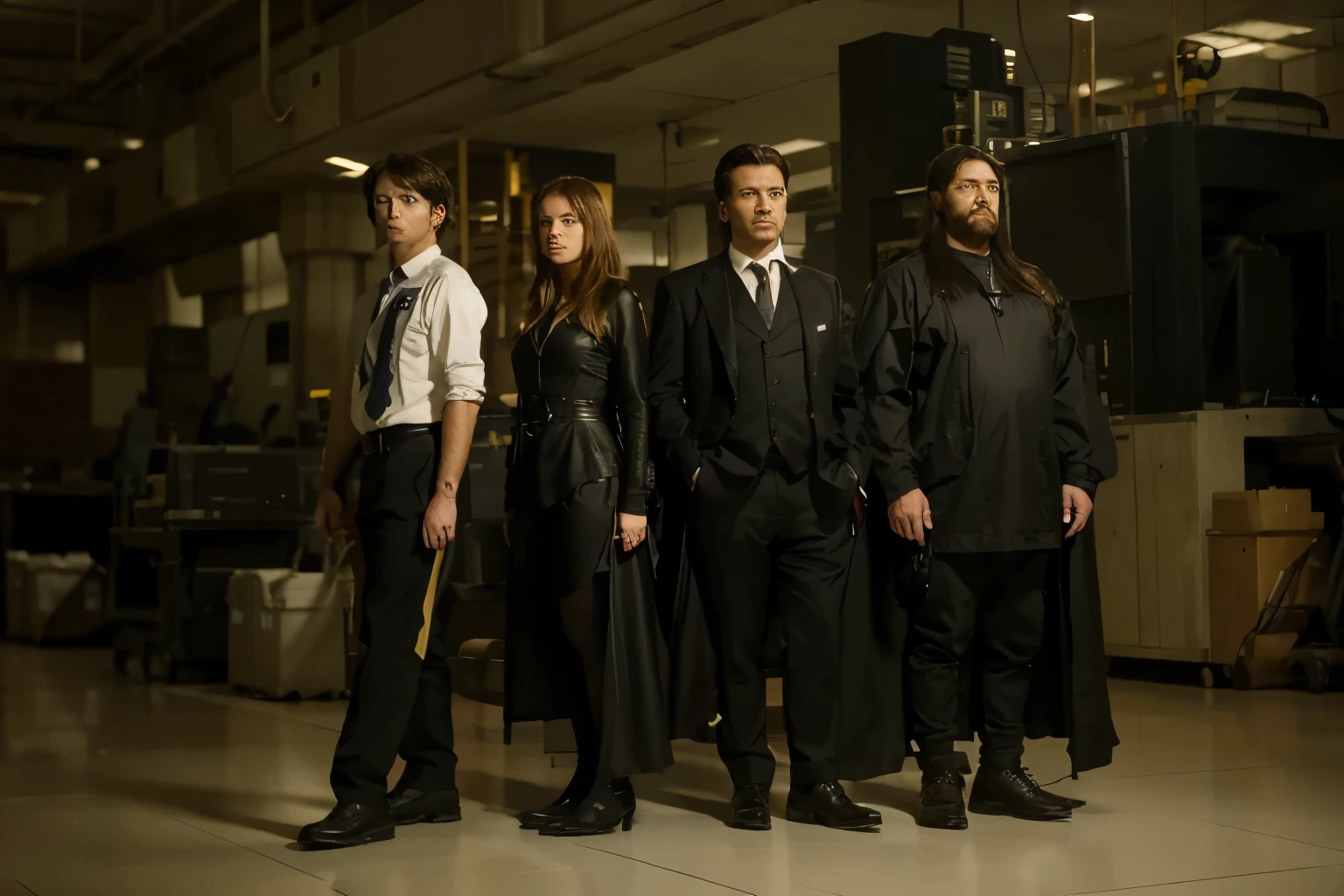(Best quality, 8k, 32k, Masterpiece, UHD:1.2) Transport the scene into the heart of the TVA (Time Variance Authority) office, as seen in the "Loki" series. Picture a vast and bureaucratic space, where towering columns of paperwork stretch endlessly toward the ceiling, and rows of desks manned by solemn-faced agents line the floor. The lighting is harsh and fluorescent, casting stark shadows across the room and emphasizing the sterile, institutional atmosphere. Strange and otherworldly technology hums and whirs in the background, as workers scurry to and fro, each one a cog in the vast machinery of the TVA's operation. Above it all, the ominous presence of the Time-Keepers watches over everything, their gaze inscrutable and all-seeing.