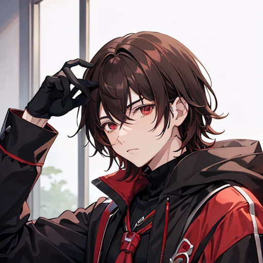 Personaje de anime masculino, who is around 19 years old, piel Palida
Cabello: Dark brown and medium short And red eyes, con colmillos