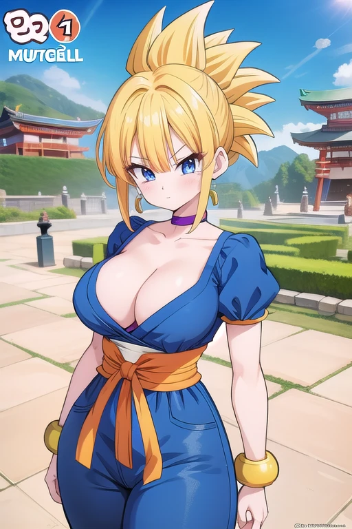 Une femme, 25 ans, mangas, cheveux longs, cheveux multicolores, details, Dragon ball, saiyan, armure de super saiyan, Vegeta cosplay, jardin zen, temple japonais