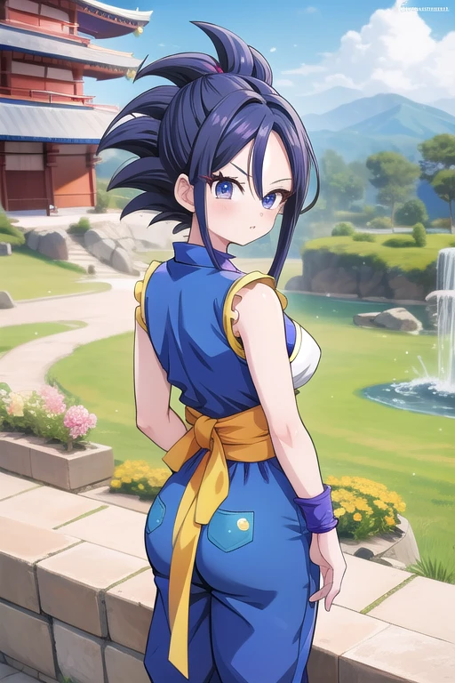 Une femme, 25 ans, mangas, cheveux longs, cheveux multicolores, details, Dragon ball, saiyan, armure de super saiyan, Vegeta cosplay, jardin zen, temple japonais