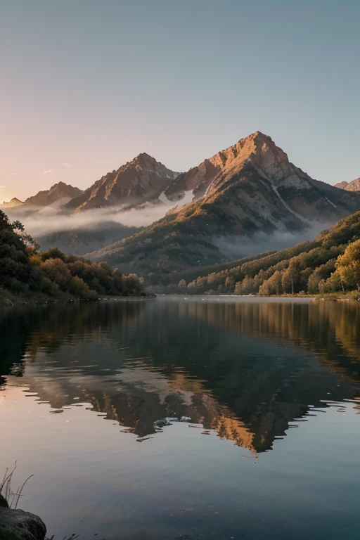 La imagen muestra un paisaje sereno y hermoso al atardecer. En el centro de la imagen, se puede ver un lago tranquilo y cristalino, reflecting the warm gold and pink tones of the sky as the sun goes down. A lo lejos, the silhouettes of the mountains are gently outlined, envueltas en una neblina dorada. The lake water is still, apenas movida por suaves ondulaciones, creando un efecto de espejo que refleja fielmente el cielo pintado con tonos pastel.