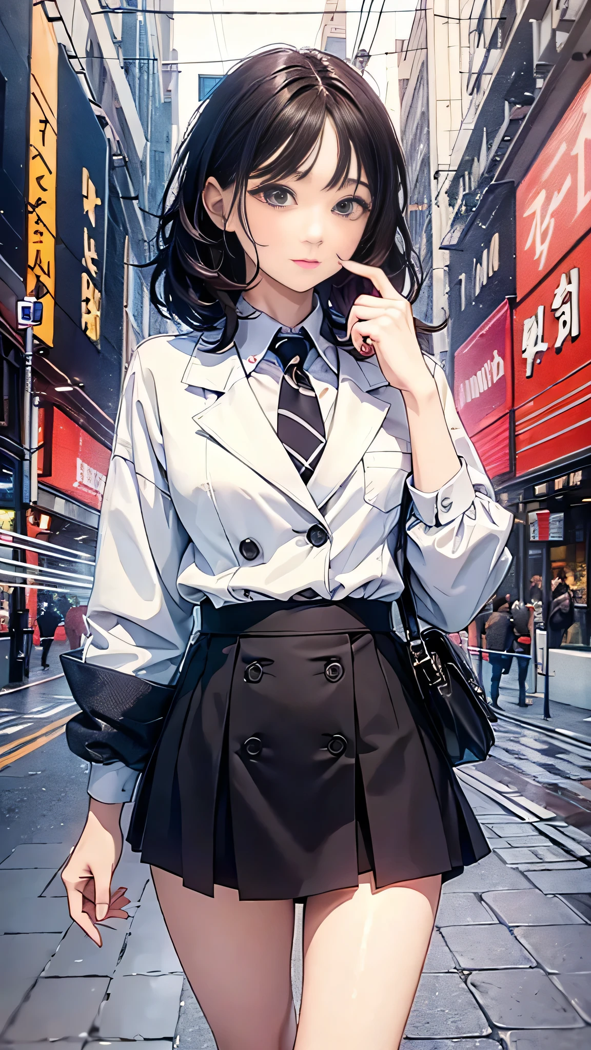 最high quality, masterpiece, 1 girl, Beautiful Face, (Photorealistic photography:1.3), Rim Light, (Skin with attention to detail:1.2), 8k UHD, Digital SLR, high quality, High resolution, 4K, 8k, Bokeh, Disorganized, The optimal ratio is four fingers to one thumb, (Genuine:1.3), Small face, pretty girl, Black Formal Blazer, Mid-breasted, Short skirt,office
