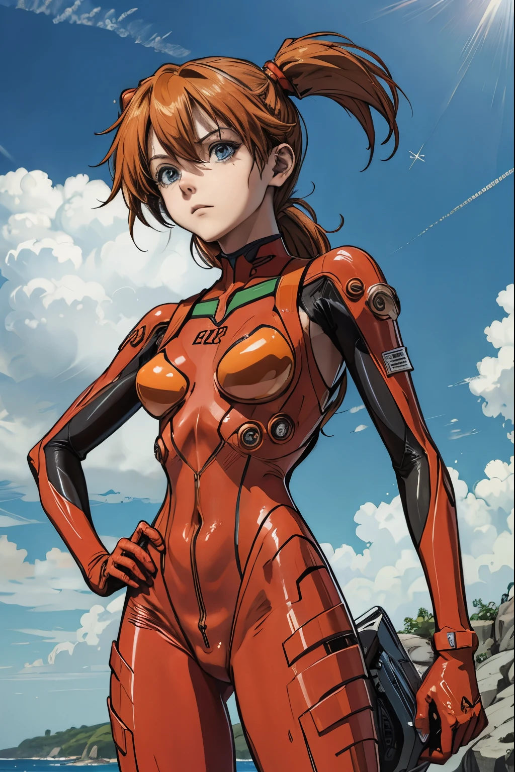 Souryu Asuka Langley eva suit, na grama, (melhor qualidade, obra-prima:1.2), fotorrealista, anime. contornos grossos, sombras fortes, 1 , corpo inteiro, peito pequeno, praia, blue skies, nuvens, cabelo laranja, fundo detalhado, rosto detalhado,