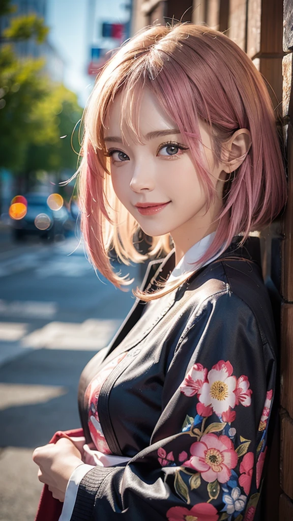 One Girl, Long Hair, Heterochromia, Gradient Hair: 1.5, concentrated, (abstract theme, Abstract background, Cube, ) smile, Mature Woman, Impactful. Tabletop, Beautiful girl, Fine grain, Swollen eyes, highest quality, 超High resolution, (Realistic: 1.4), Cinema Lighting, Japanese, Asian Beauty, Korean, so beautiful, Beautiful Skin, thin, 体がLook forwardいる, (超Realisticな), (High resolution), (8k), (Very detailed ), ( Best illustrations), (Beautiful and detailed eyes), (Very detailed), (wallpaper), Detailed face, The lighting is bright, Professional Lighting, View your viewers, Look forward, smile, short hair, Clean clothing, Slightly blurred background, street tree, rain, Hair color: bright pink,