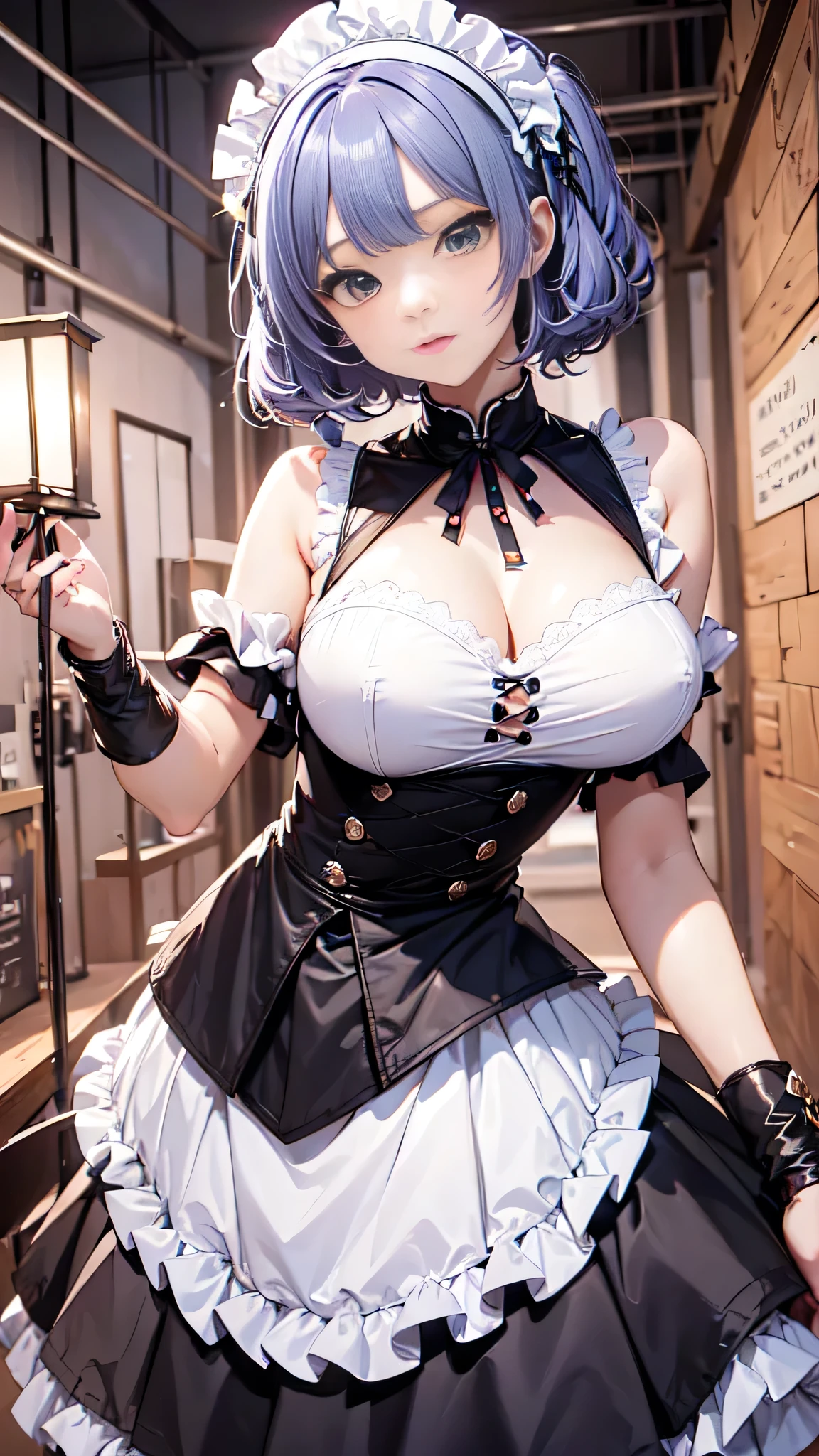 masterpiece, highest quality, figure, Fighting Pose, One girl, Noel Genshin Impact, Silver short hair, Green Eyes, Maid skirt with red side parts, Maid Knight, Maid Knight armor, City Bridge, water,