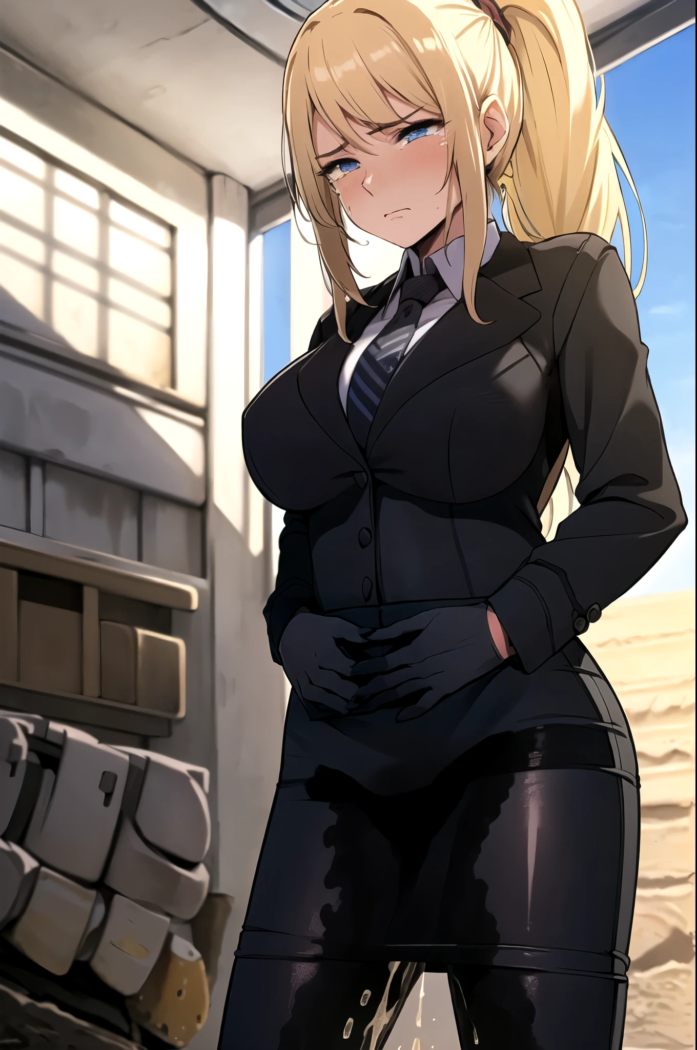 samus aran, facing viewer, ponytail, large breasts, hair tie, black suit, black business outfit, necktie, (long pencil skirt:1.5), pantyhose, (standing straight1.5), peeing herself, (wetting herself:1.5), very large peeing stain, huge pee stain, best quality, ultra-detailed, HDR, studio lighting, professional, vivid colors, sharp focus, physiologically-based rendering, bokeh, landscape, soft lighting, dynamic shadows, (hands on hips:2.0), embarrassed, humiliation, blushing, angry, tears, (desert:1.5), (sand:1.5), rocks, (canyon:1.5), (day:1.5), (daytime:1.5)