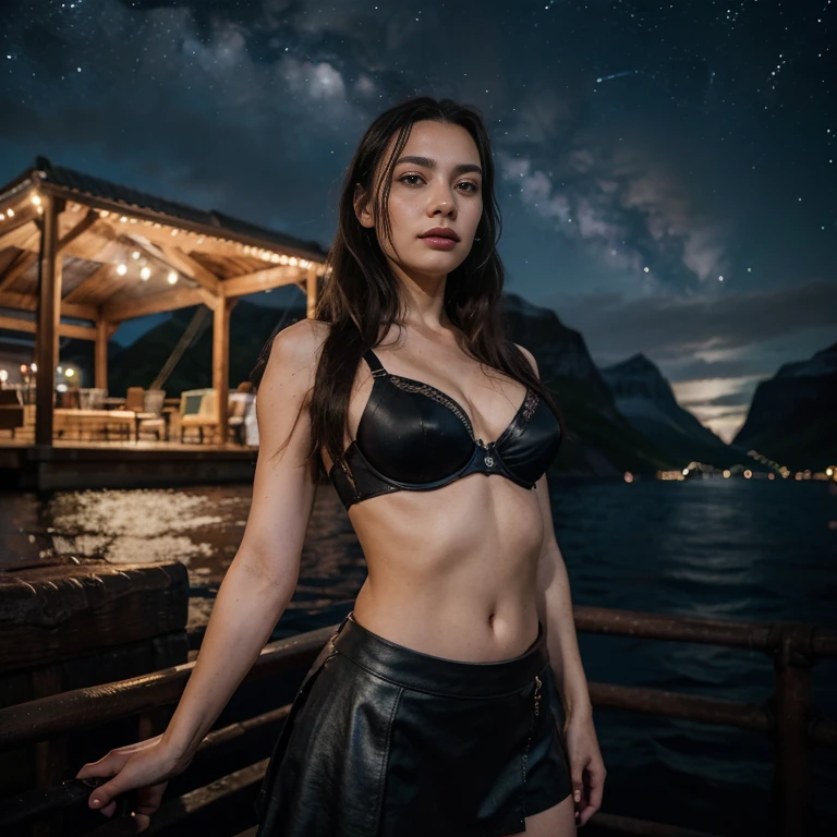 a woman, 25ear old, long black hairs, textured skin, a lot of details, in a fjord, with a viking skirt and a leather bra, starry Night, milky way,