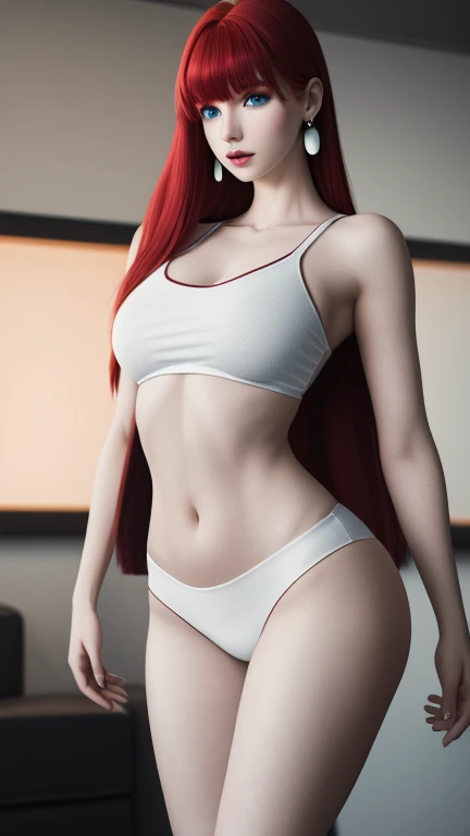 Ultra realistic, real girl, 16K, best quality, High resolution, hot atmosphere, dream atmosphere, 1 girl, 18 years old, Long messy scarlet red hair, cute bangs over the forehead, blue eyes, sexy eyes look, pale white skin, wearing alternative black outfit, earrings, fit slim body, big natural breasts, realistic slim hot body, tall and hot girl, seductive, sensual posture, big hips, thick legs, torn clothes, blurred background, Depth, dream aesthetic, Atmosphere of dream, cinematic lighting.