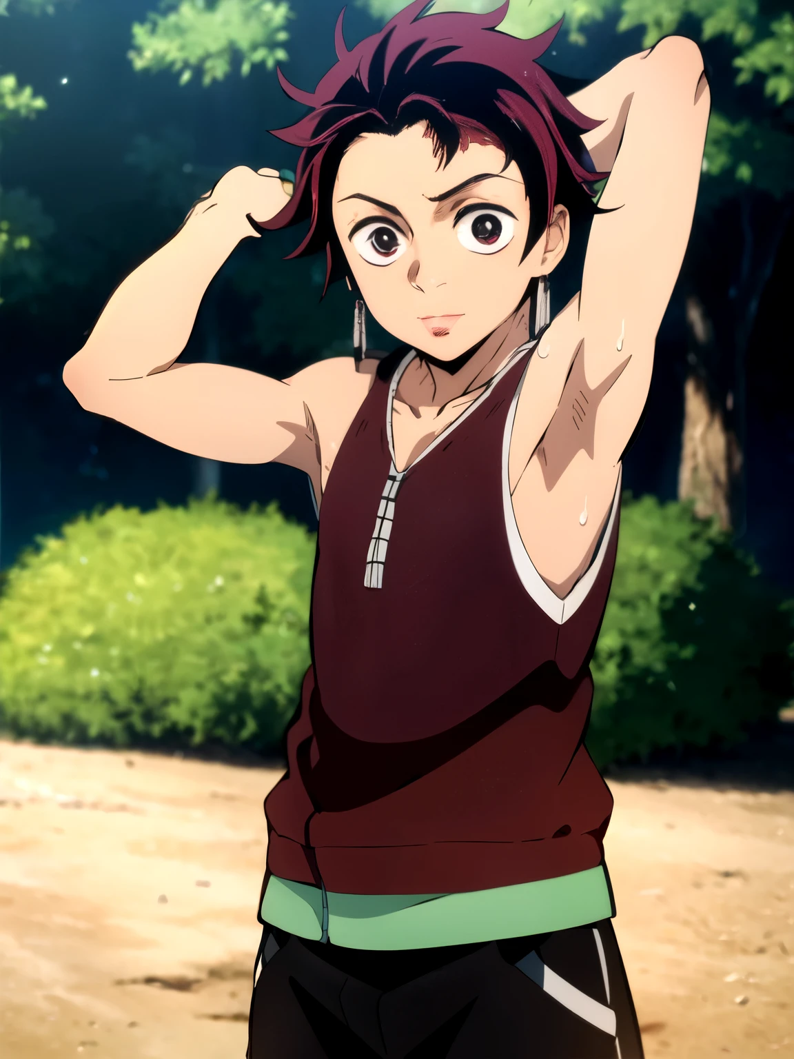 Highres, Masterpiece, Best quality at best,Best Quality,hight quality, hight detailed, 1boy, Tanjirou, Red hair, Earring, Shota, Sleeveless hoodie, Sweat, Slim body, Depth of field, (Showing armpit:1.3), Seen from front, (very small and short stature), (very young boy), s