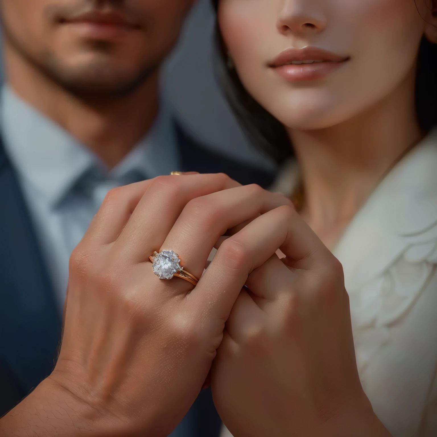 there is a man and woman holding a diamond ring together, engagement ring ads, stunningly detailed, exquisite fine details, an ultra realistic, photo of a hand jewellery model, a hyper realistic, with intricate details, detailed jewelry, ornate with white diamonds, jewelry photography, point finger with ring on it, perfect details, detailed portrait shot, finely detailed features, platinum jewellery