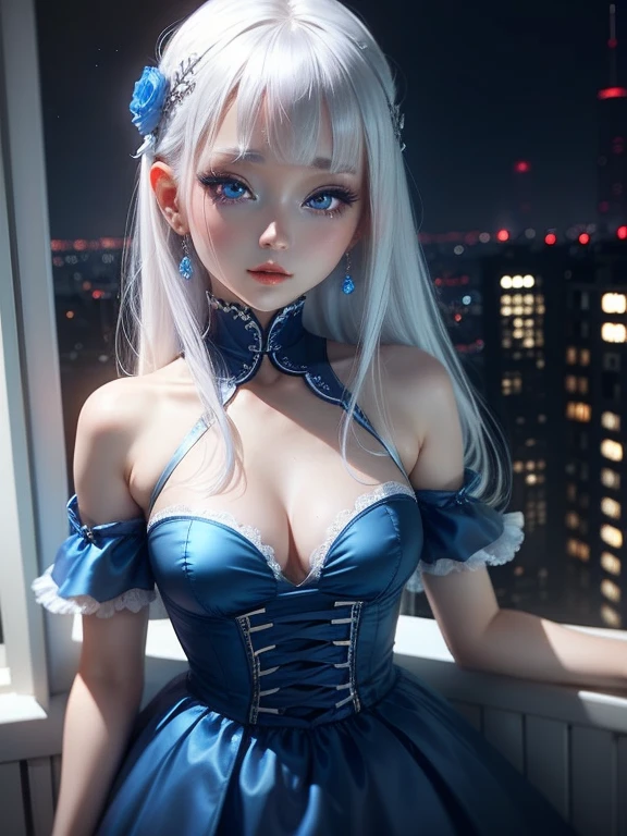 One Woman、Blue Dress、White Hair、blue eyes、Captivating eyes、Night view