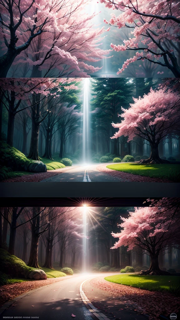 Create an outstanding scene of rays of lighting in a cherry blossom trees, hyper realistic texture.