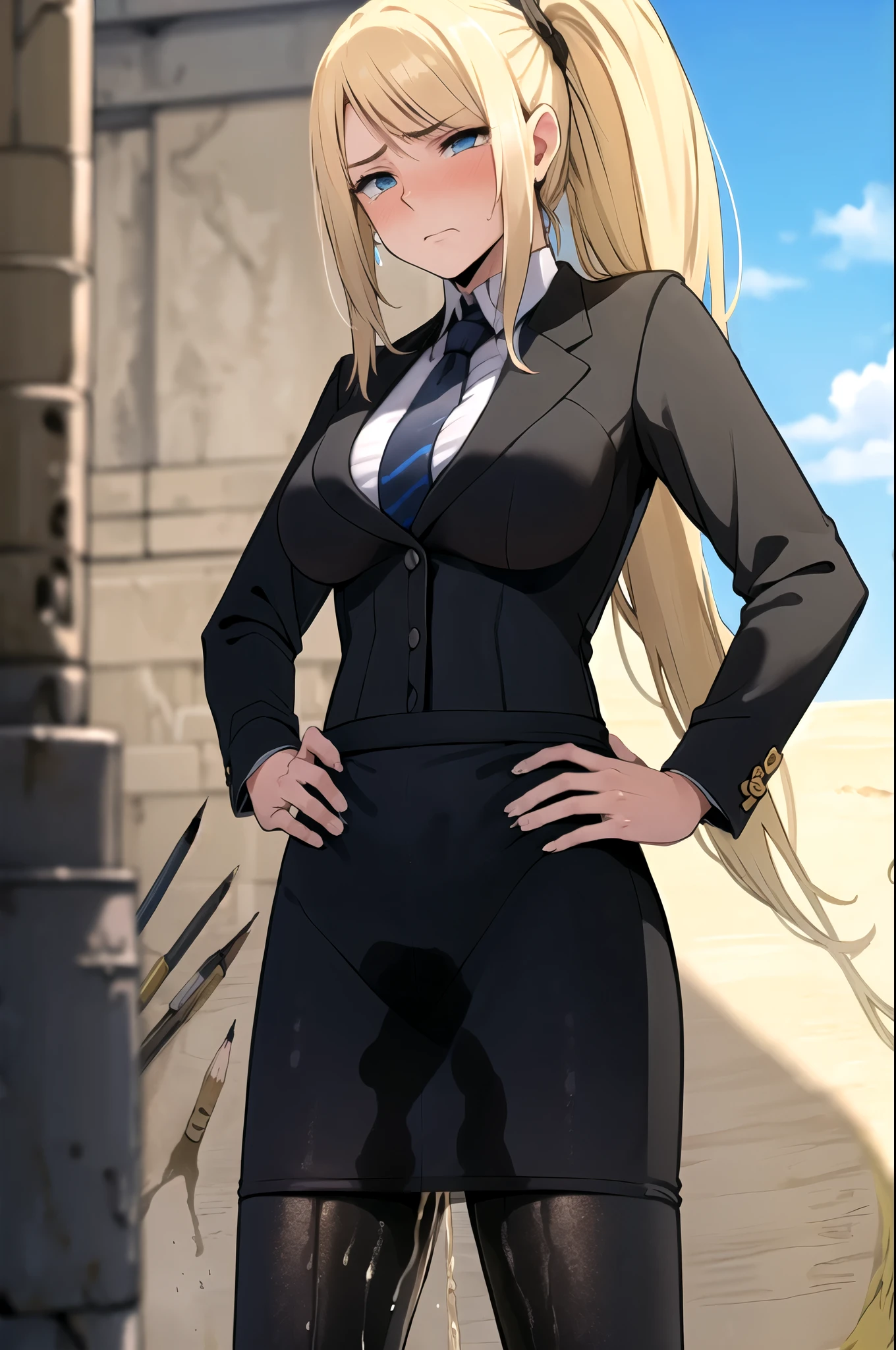 samus aran, facing viewer, ponytail, large breasts, hair tie, black suit, black business outfit, necktie, (long pencil skirt:1.5), pantyhose, (standing straight1.5), peeing herself, (wetting herself:1.5), very large peeing stain, huge pee stain, best quality, ultra-detailed, HDR, studio lighting, professional, vivid colors, sharp focus, physiologically-based rendering, bokeh, landscape, soft lighting, dynamic shadows, (hands on hips:2.0), embarrassed, humiliation, blushing, angry, tears, (desert:1.5), (sand:1.5), rocks, (canyon:1.5), (day:1.5), (daytime:1.5)