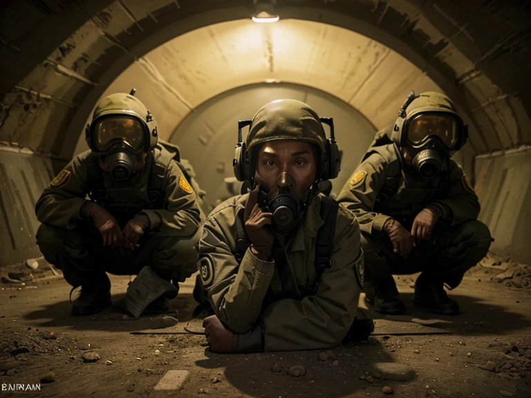  Foto horizontal, Nuclear war with people in protective suits and gas masks in a bunker. Dabei spielt die Farbe gelb eine wichtige Rolle. Stil ist Comic oder gezeichnet 