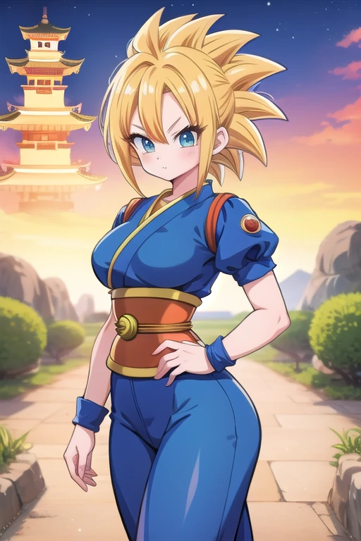 Une femme, 25 ans, mangas, cheveux longs, cheveux multicolores, details, Dragon ball Z, Vegeta, saiyan, armure de super saiyan, Vegeta cosplay, jardin zen, temple japonais
