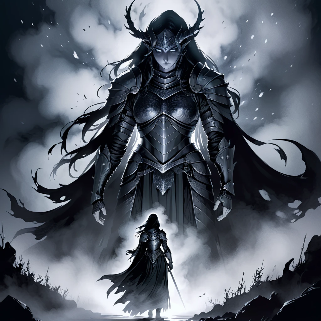 The Night Mother's Gaze falls upon their chosen and they are clad in dark armor that moves with the shadows and mist in Ink Drawing Art style