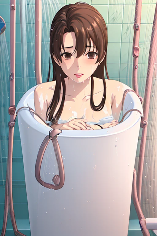 (high quality anime, 8k,masterpiece,Perfect Anatomy),nsfw,cowboy shot,1 female,(beautiful detailed face and eyes,big gorgeous eye),blue eyes,sad,tears,The perfect 20 years old, Japanese、Brown Hair、Straight hair,long hair,blunt bangs,small breasts,(small face:1.5),skinny,wet:1.5,Being showered with water:1.5, shackles:1.3naked,nipples,topless,navel、vagina,bottomless,barefoot,sitting,spread legs,simple shower room、simple hotel、indoor、at night、