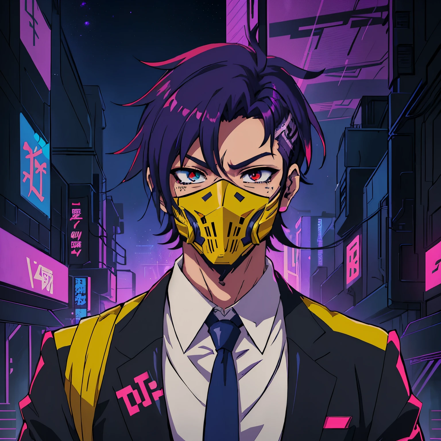 arafed image of a man in a suit and tie with a mask, digital cyberpunk anime!!, cryptopunk, cryptopunk with pit vipers, modern cyberpunk anime, digital cyberpunk anime art, digital cyberpunk - anime art, official fanart, anime cover, trigger anime artstyle, epic anime style, cyber universe style, satoshi, anime style character, avatar image