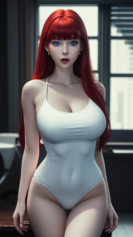 Ultra realistic, real girl, 16K, best quality, High resolution, hot atmosphere, dream atmosphere, 1 girl, 18 years old, Long messy scarlet red hair, cute bangs over the forehead, blue eyes, sexy eyes look, pale white skin, wearing alternative black outfit, earrings, fit slim body, big natural breasts, realistic slim hot body, tall and hot girl, seductive, sensual posture, big hips, thick legs, torn clothes, blurred background, Depth, dream aesthetic, Atmosphere of dream, cinematic lighting.
