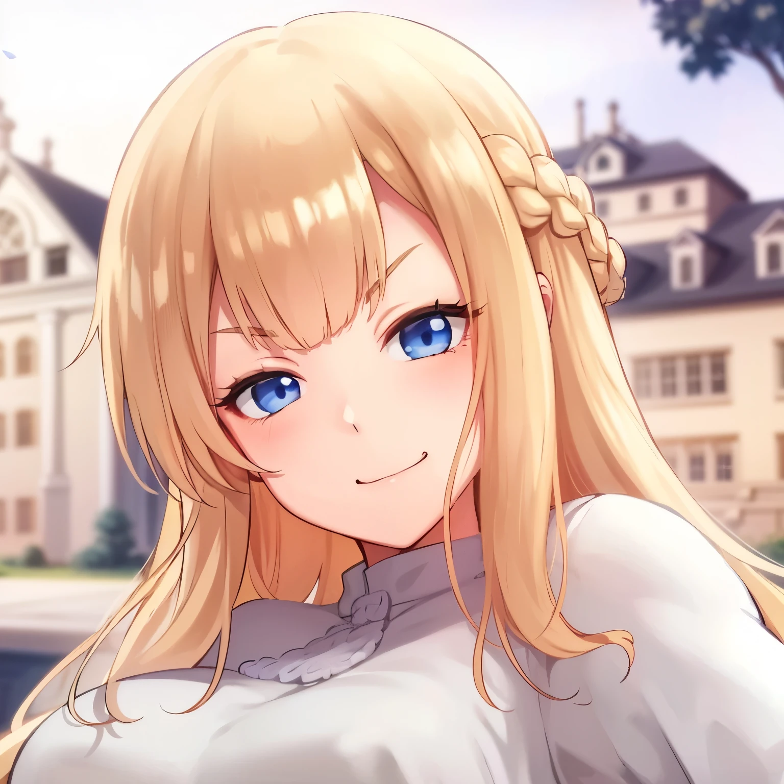 high quality, masterpiece. Young woman. blonde. braided hair. Blue eyes. evil grin. white elegant sweater. arrogant face. sly eyes. Closed eyes. A sneer. against the backdrop of the mansion. 