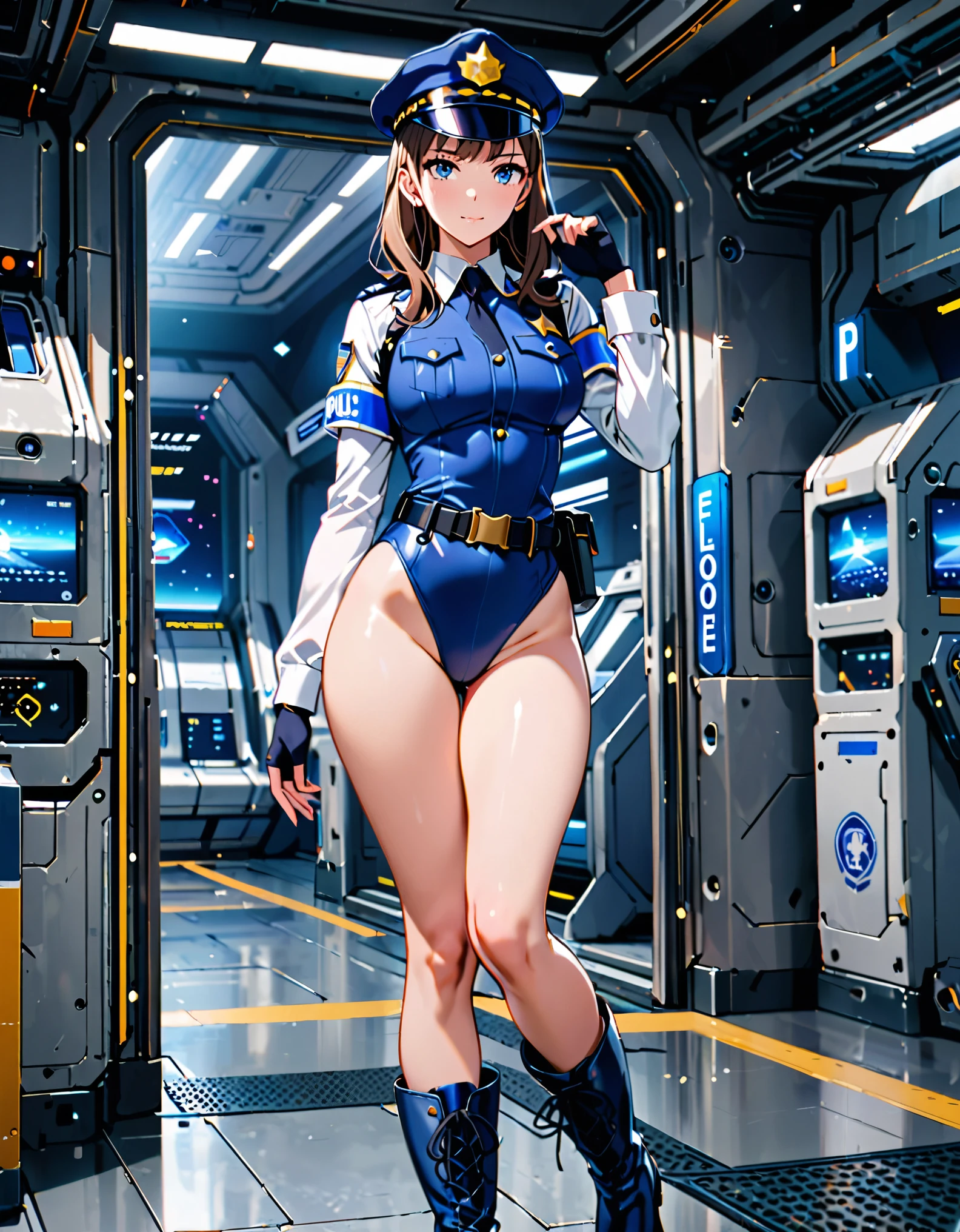 (masterpiece), (best quality), (high res),1girl, tall body, beautiful detailed eyes, beautiful detailed face, cute face, perfect hands, complete fingers, perfect anatomy, perfect proportions, ((hat, dark blue police hat)), ((leotard, matching leotard, bare legs)), ((boots, matching boots)), breasts, medium breasts, covered navel, fingerless gloves, (full body portrait), looking at viewer, solo, solo focus, standing, police uniform, cowboy shot, space station backdrop, indoors, (belt, tight belt), (armbands, white sleeves), full body costume design.