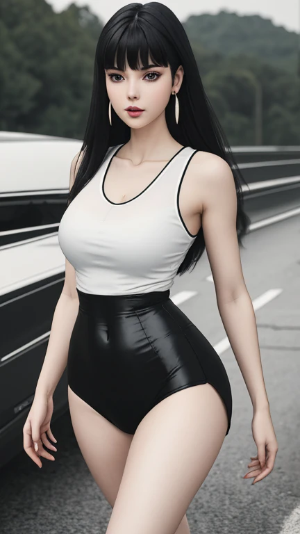 Super-detailed, 8k, 1 Korean girl, mature, long delicate black hair, perfect figure, busty body, curvy body, large and droopy breast, slender hips, thick thighs, huge round ass, black swimsuit, jacket, standing at the beach looking at the sea