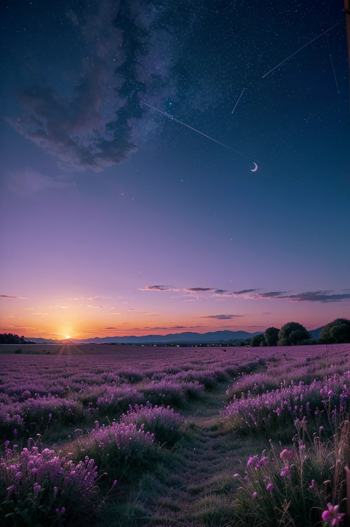 Create a field where the sky turns purple with everything pink and where you can see small bright stars and where the sun sets but the moon rises.