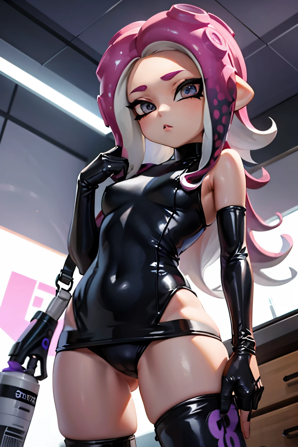 Number 8、Splatoon、Purple Hair、Long Hair、((Thigh-high boots))、Photo from below、Medium chest、Bedroom、Swimsuit、((Long gloves))、