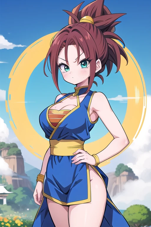 RAW photo, (high detailed skin, detailed eyes:1.1), intricate details, best quality, 8k uhd, soft lighting, Vegetto, breasts, (female:1.2), 1girl, earrings, jewelry, white gloves, spiked hair, dougi, smile, dark brown hair, black eyes, saiyan, large breasts, yellow potara earrings, large breasts, wide hips, curvy, thin waist, red collar, solo girl, armpits, arms up, large breasts, wide hips, curvy, thin waist, nipple covered, black arm sleeves, abs, muscular female, 6 pack, muscles, beach background, sexy