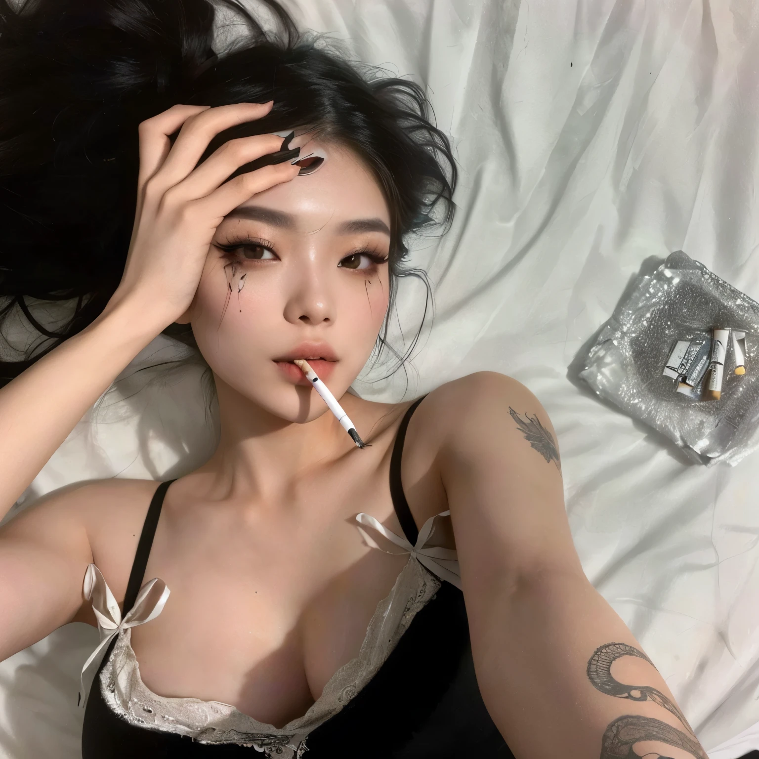 araffe woman laying on a bed with a cigarette in her mouth, asian girl, sexy look at the camera, sexy girl, beautiful asian girl, 18 years old, sexy face with full makeup, instagram model, smoking body, cigarette, cruel korean goth girl, belle delphine, sexy look, goth girl aesthetic, korean girl, chinese girl, an asian woman