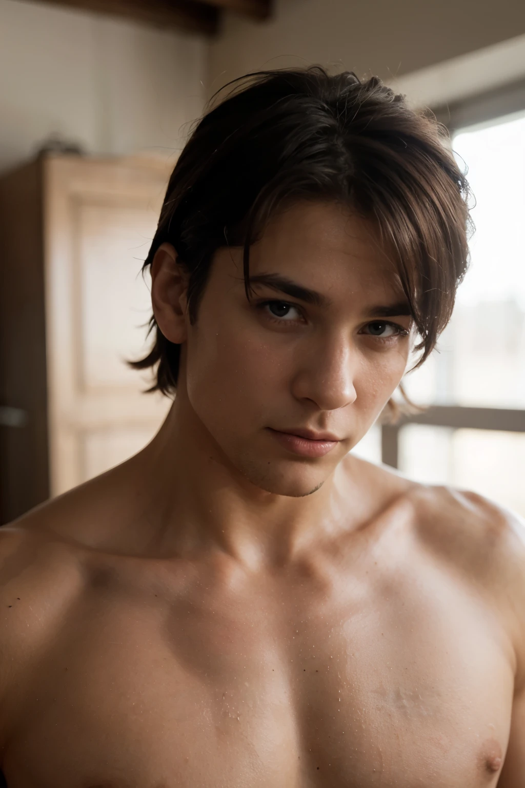 homem, musculoso, cabelo curto, olhos cansados, anime