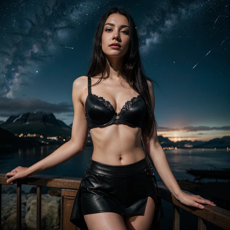 a woman, 25ear old, long black hairs, textured skin, a lot of details, in a fjord, with a viking skirt and a leather bra, starry Night, milky way,